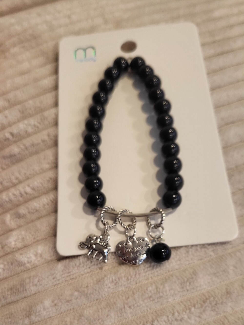 Source Unknown Black Beaded Bracelet with Silver Elephant & Heart Charms